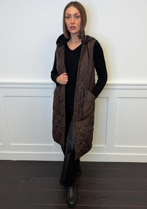 Naya Quilted Hooded Longline Gilet, Brown