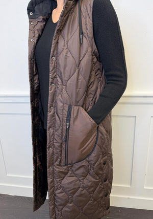 Naya Quilted Hooded Longline Gilet, Brown