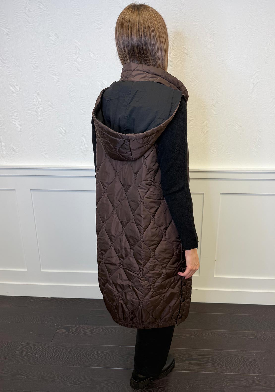 Naya Quilted Hooded Longline Gilet, Brown