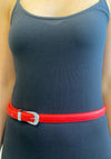 Serafina Collection Embellished Oval Buckle Narrow Belt, Red