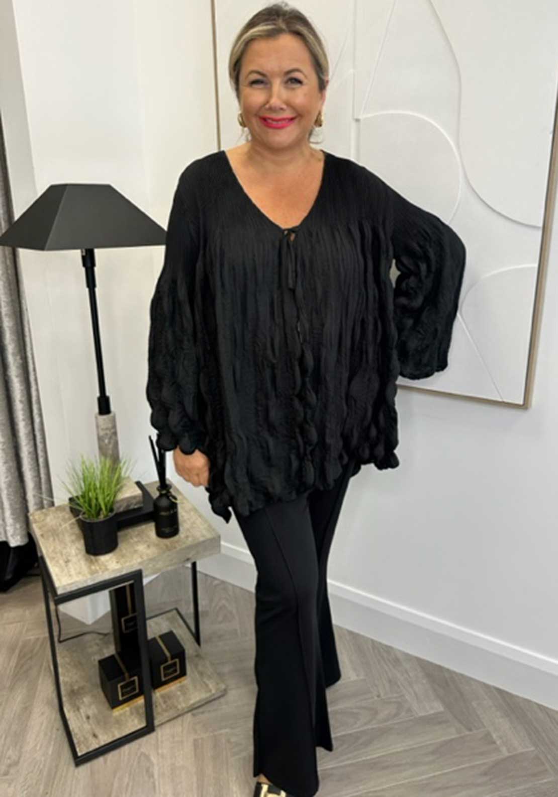 Malissa J One Size Bubble Effect Tie Front Cardigan, Black