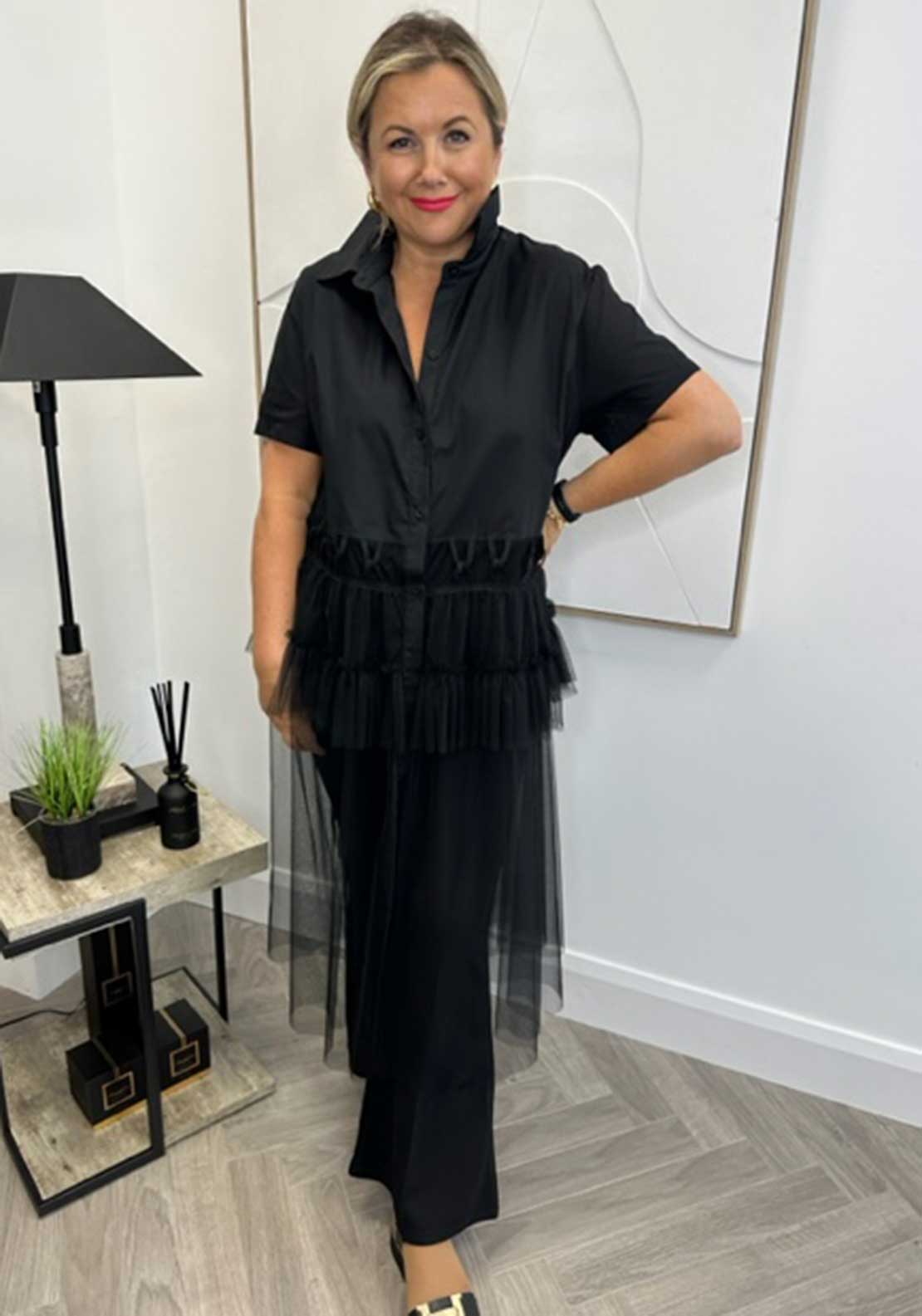 Malissa J One Size Mesh Panel Long Line Shirt, Black