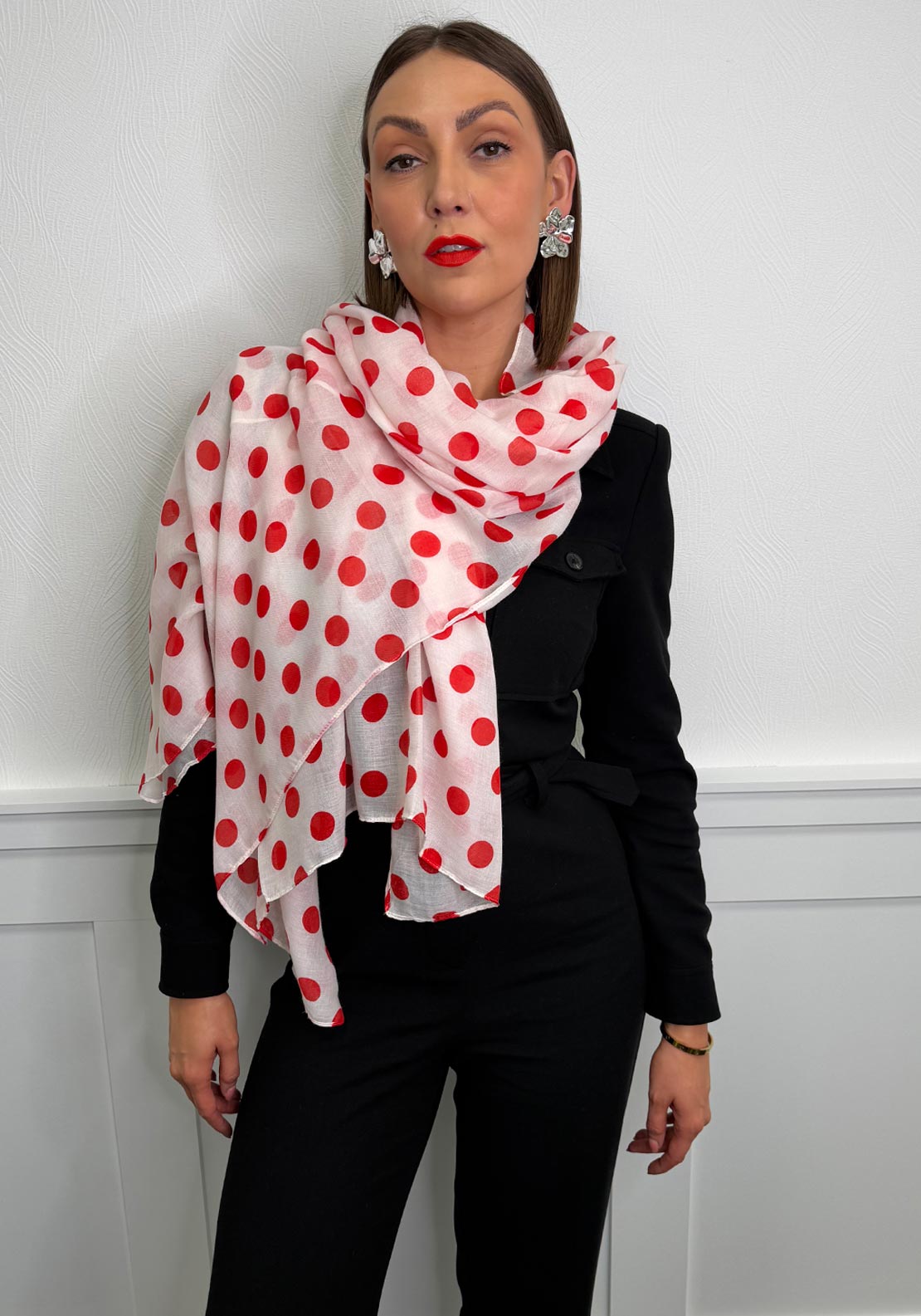 Serafina Polka Dot Lightweight Scarf, Red