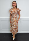 Serafina Collection Leaf Print Frill Collar Midi Dress, Tan