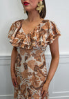 Serafina Collection Leaf Print Frill Collar Midi Dress, Tan