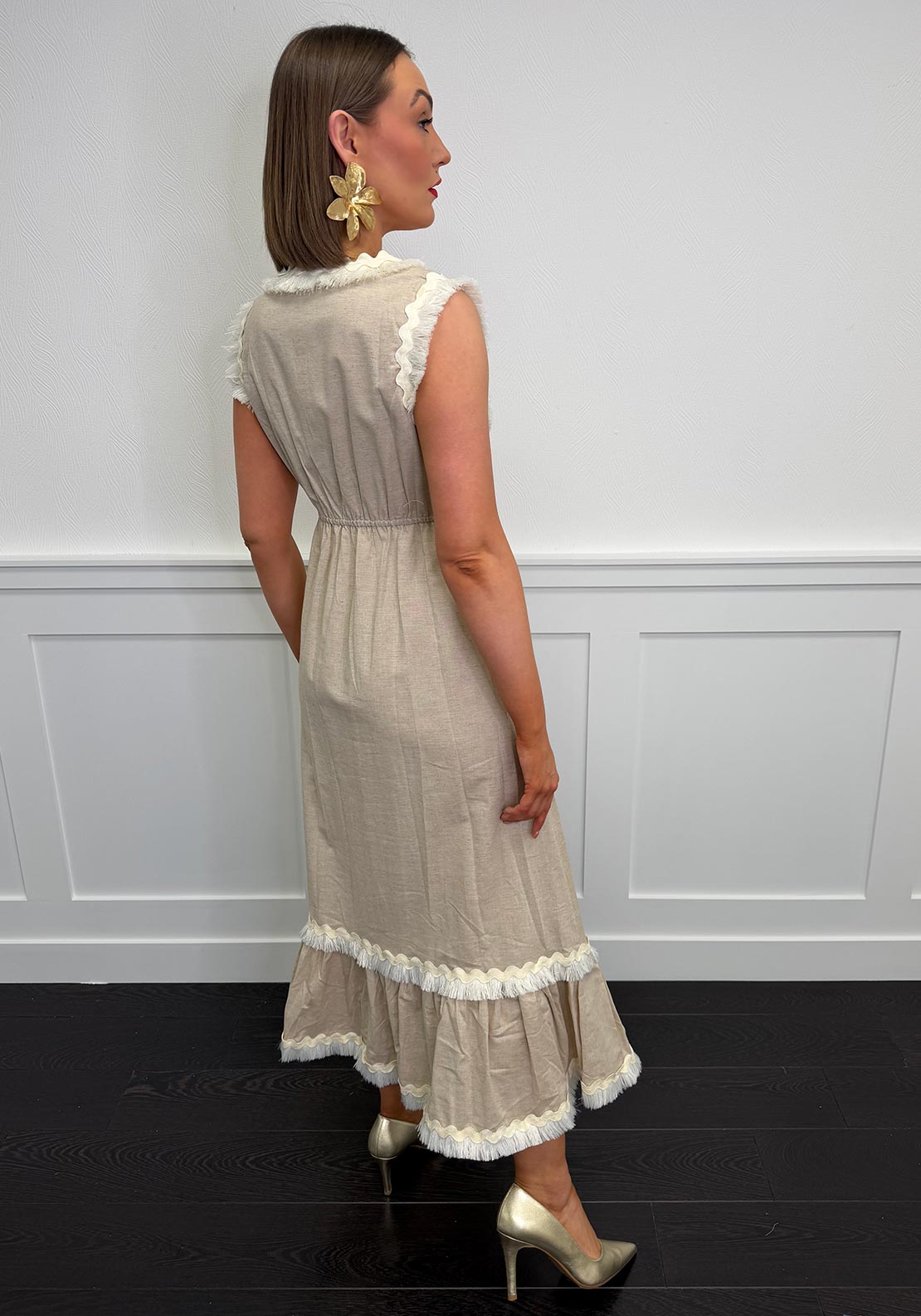 Serafina Collection Fringed Trim Linen Maxi Dress, Beige