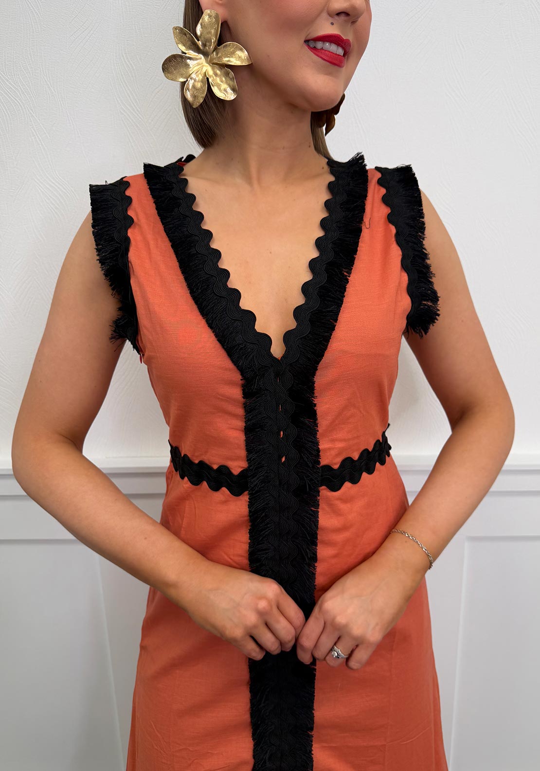 Serafina Collection Fringed Trim Linen Maxi Dress, Orange