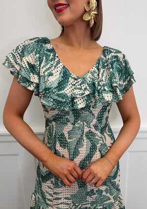 Serafina Collection Leaf Print Frill Collar Midi Dress, Green