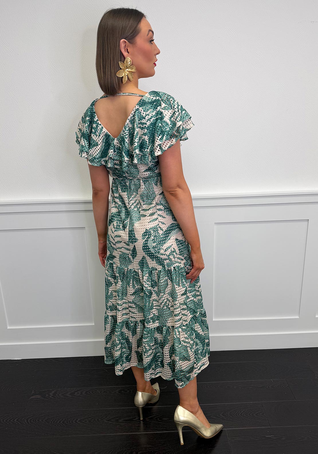Serafina Collection Leaf Print Frill Collar Midi Dress, Green