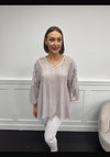 Serafina Collection Button Front Crochet Blouse, Taupe