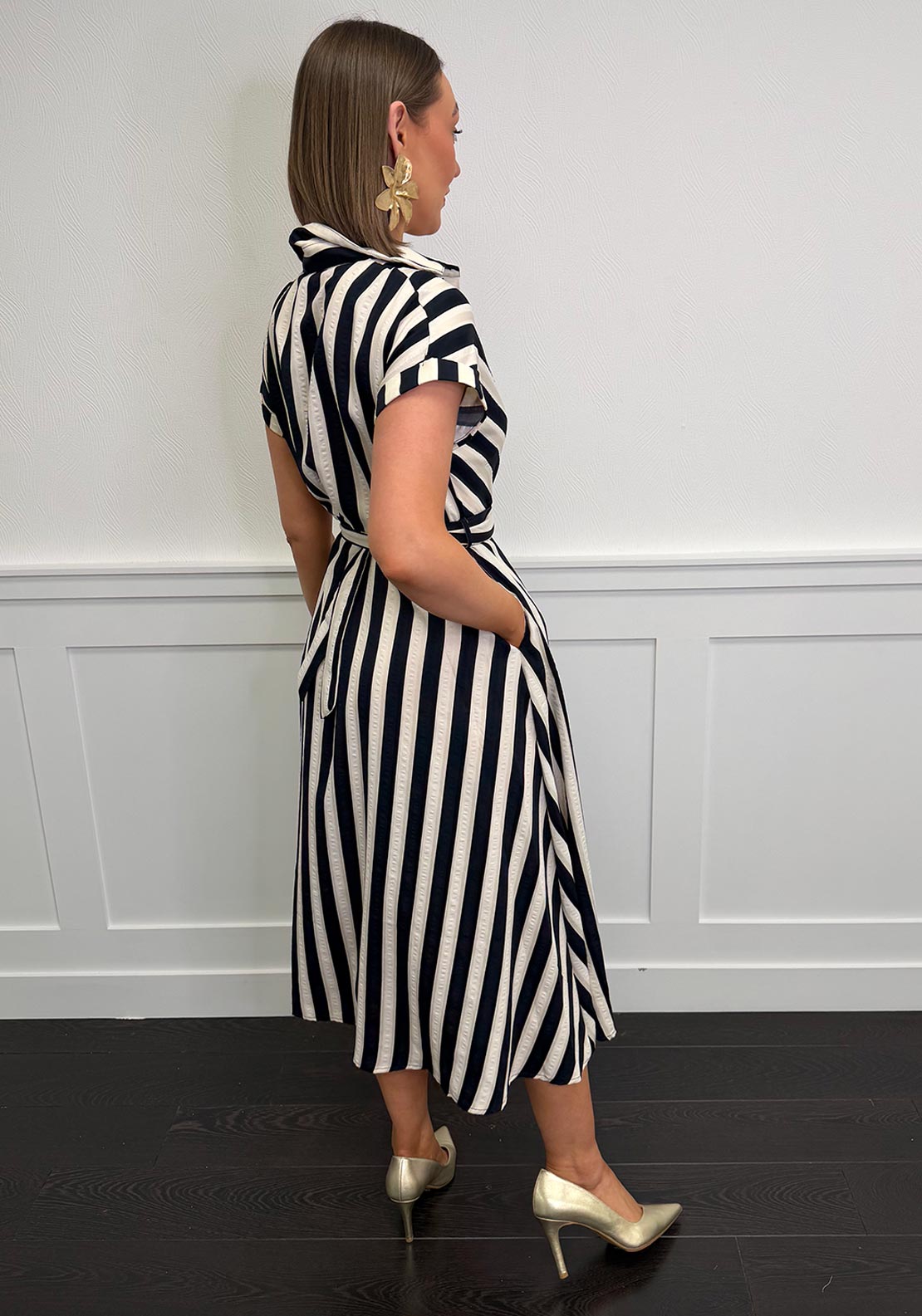 Serafina Collection Striped Belted Shirt Dress, Navy