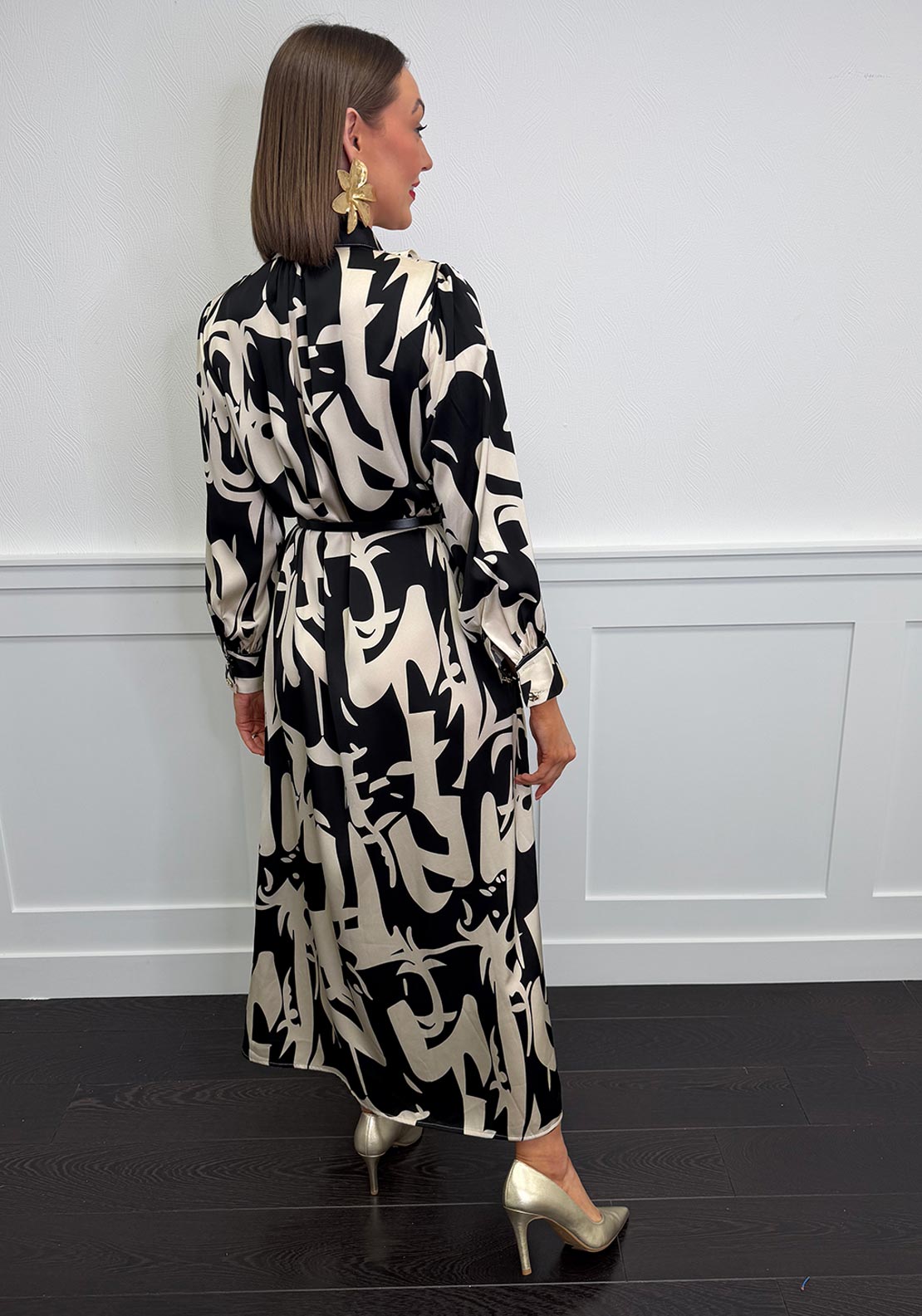 Serafina Abstract Print Belted Shirt Dress, Black & Cream