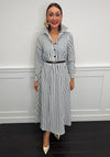 Serafina Striped Half Button Belted Maxi Dress, Navy and White