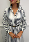 Serafina Striped Half Button Belted Maxi Dress, Navy and White