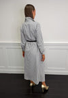 Serafina Striped Half Button Belted Maxi Dress, Navy and White
