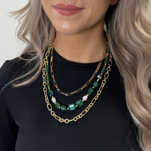 Absolute Malachite Bead & Pearl Necklace Set, Gold