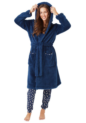 Indigo Sky Hooded Fleece Dressing Gown, Navy