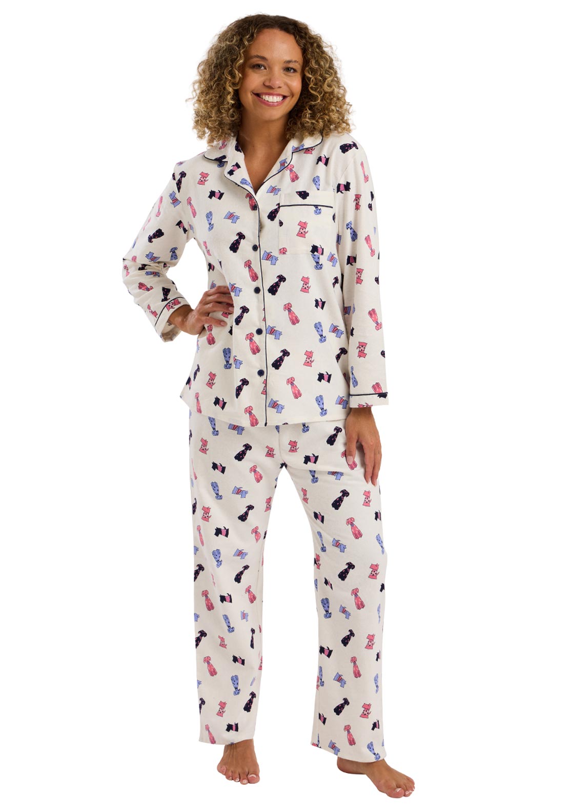 Indigo Sky Dog Print Brushed Cotton Pyjama Set, Cream