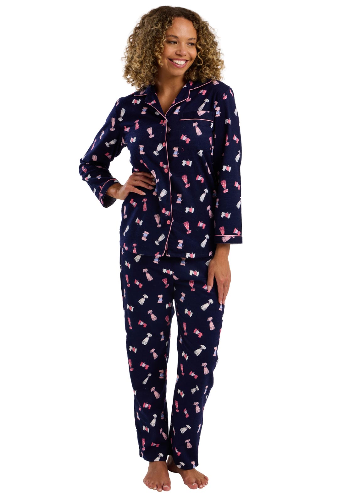 Indigo Sky Dog Print Brushed Cotton Pyjama Set, Navy