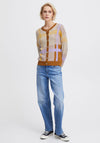 Ichi Colour Block Knit Cardigan, Tan Multi