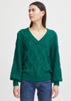 Ichi V Neck Chunky Cable Knit Jumper, Green