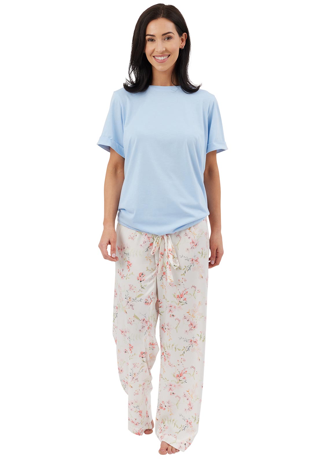 Indigo Sky Floral Print Satin and Jersey Pyjama Set, Blue