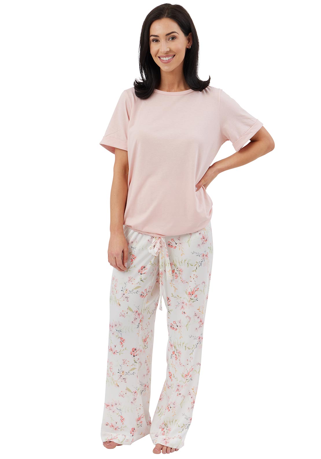Indigo Sky Floral Print Satin and Jersey Pyjama Set, Pink