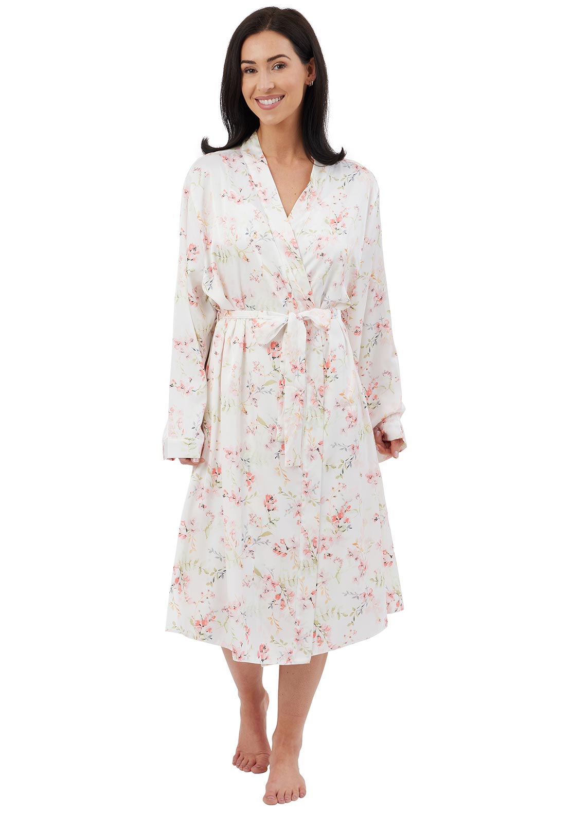 Indigo Sky Floral Print Satin Robe, Pink