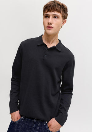 Jack & Jones Basic Long Sleeve Knit Polo Shirt, Black