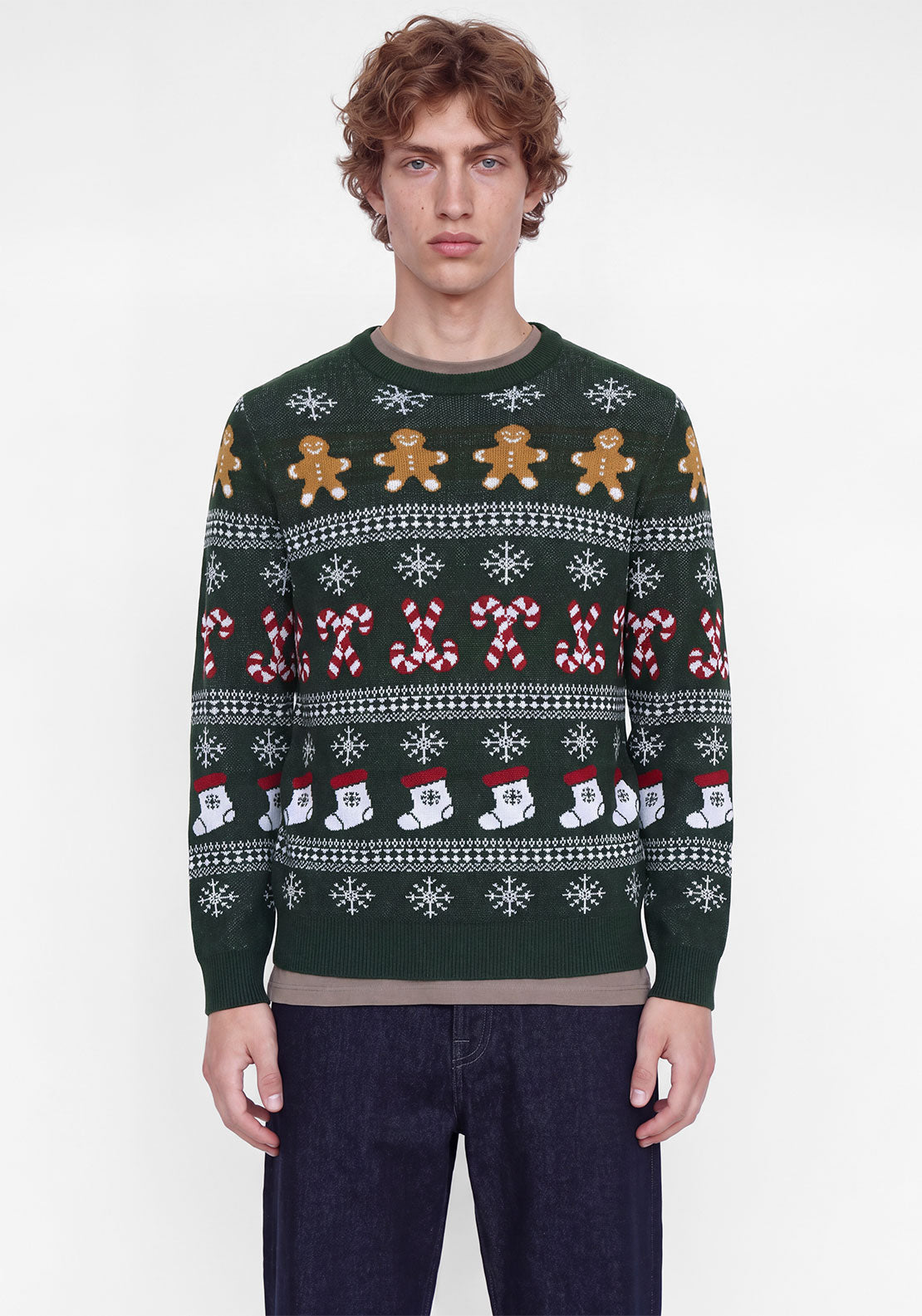 Jack & Jones Candy Cane Gingerbread Man Knit Jumper, Green