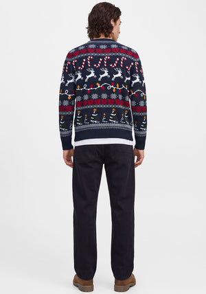 Jack & Jones Reindeer Candy Cane Knit Jumper, Navy