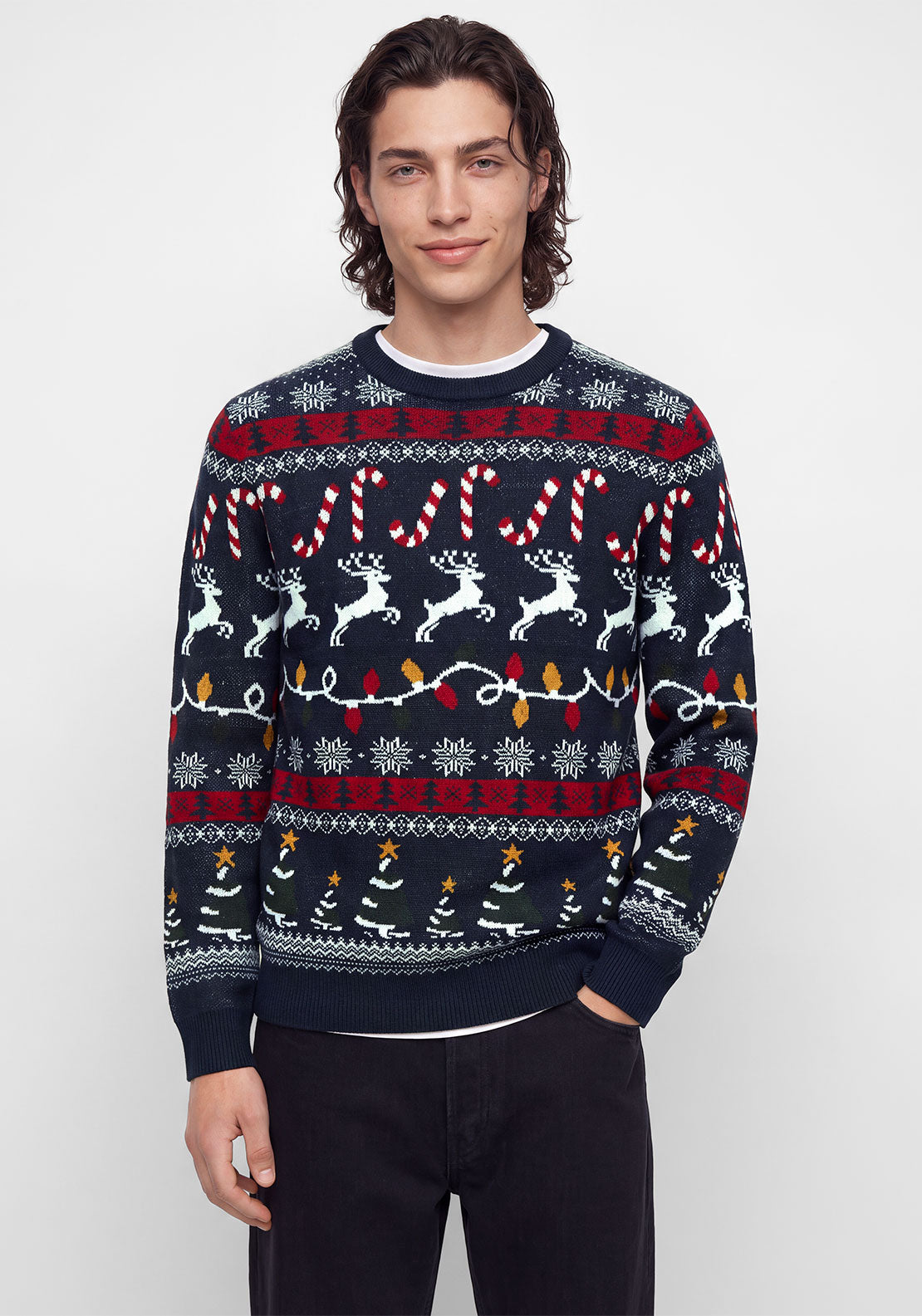 Jack & Jones Reindeer Candy Cane Knit Jumper, Navy