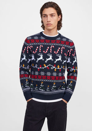 Jack & Jones Reindeer Candy Cane Knit Jumper, Navy