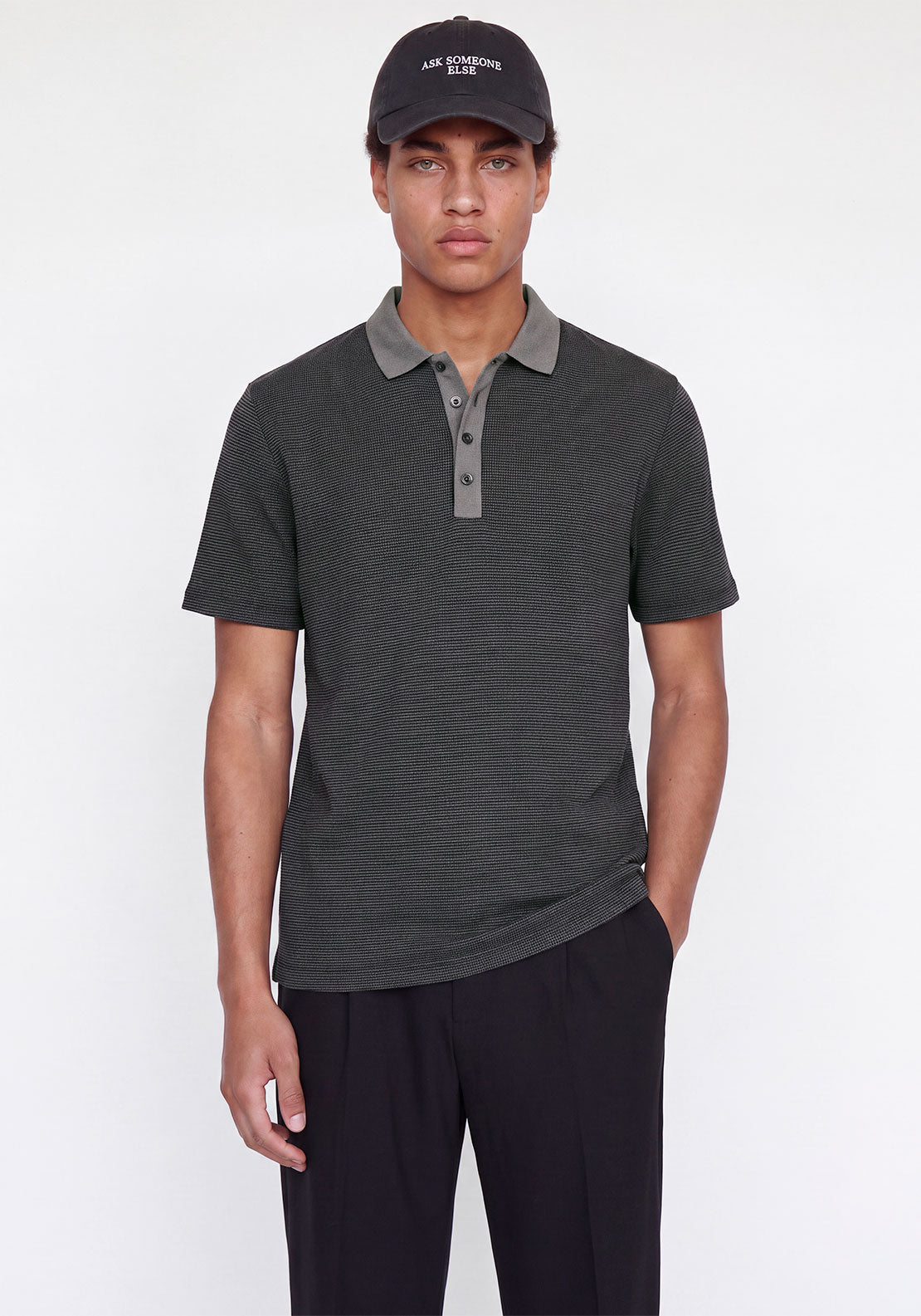 Jack & Jones Theo Textured Knit Polo Shirt, Black & Grey