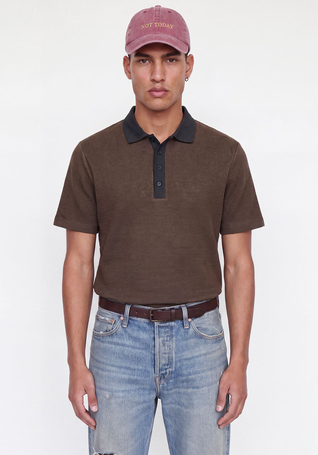 Jack & Jones Theo Textured Knit Polo Shirt, Brown
