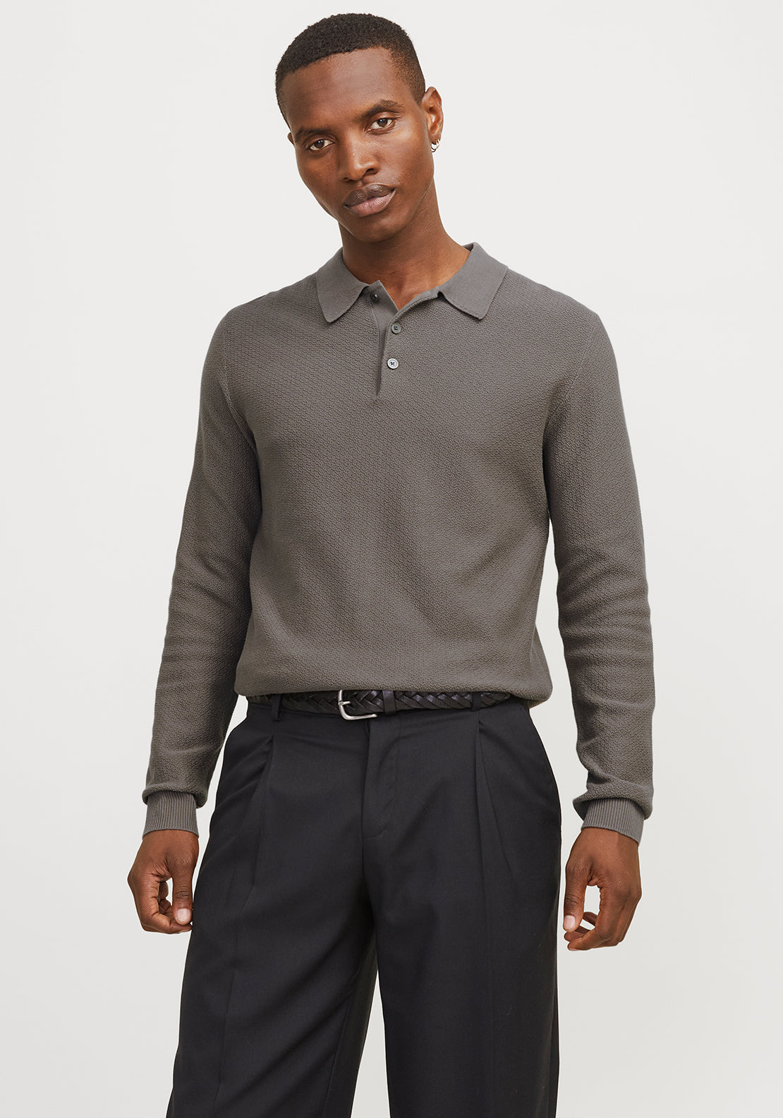 Jack Jones Long Sleeve Knit Polo Shirt, Falcon Grey McElhinneys