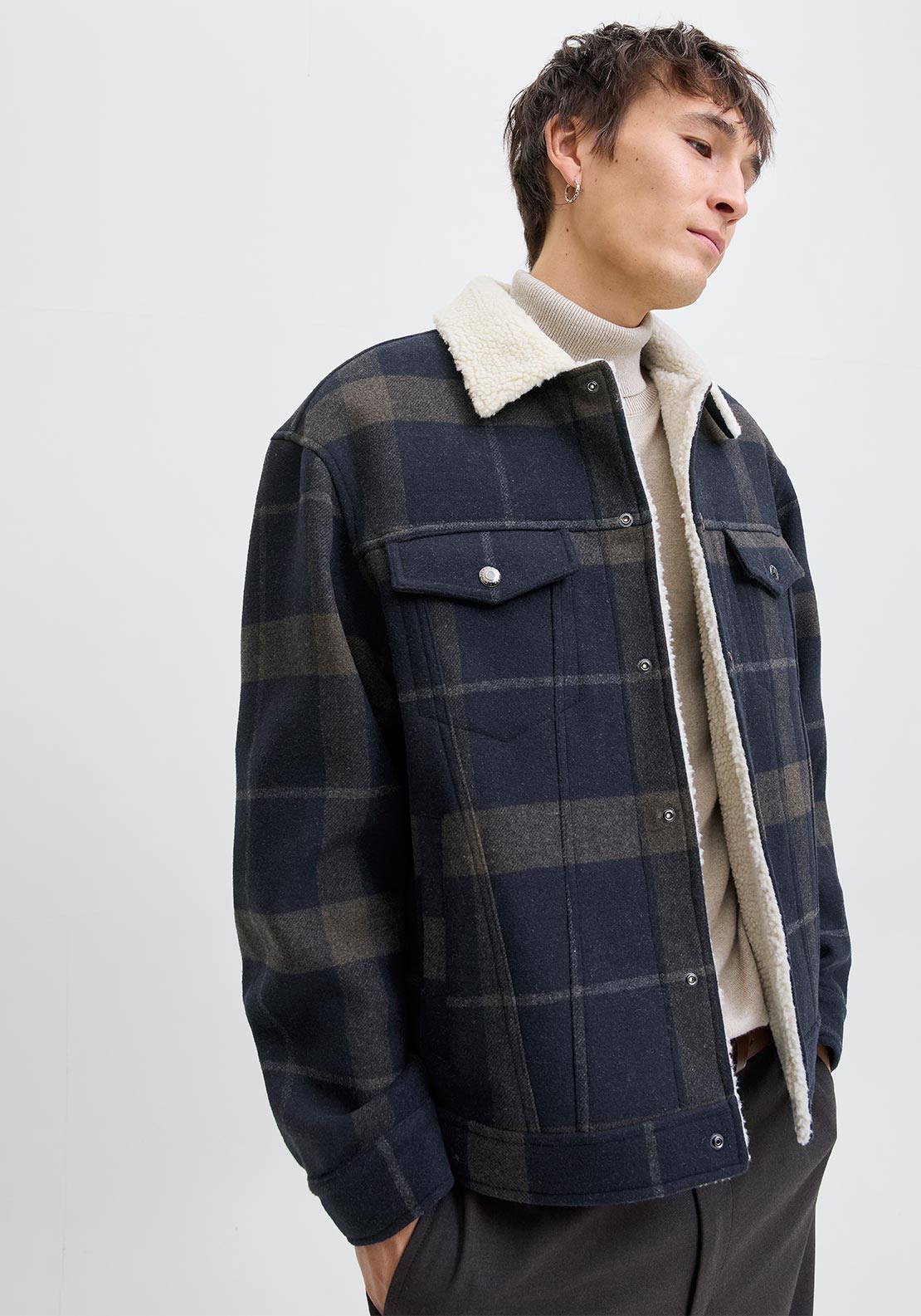 Jack & Jones Texas Wool Blend Trucker Jacket, Dark Navy Multi