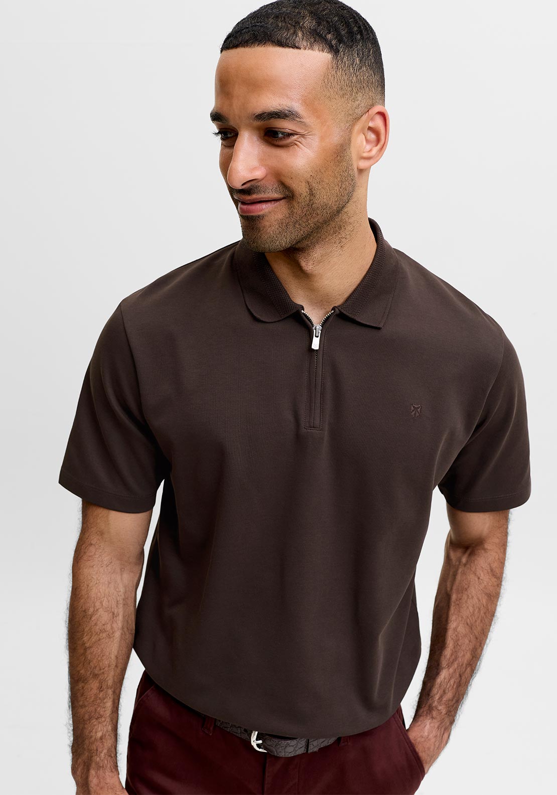 Jack & Jones Ethan Zip Polo Shirt, Brown