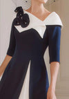 John Charles Contrast Floral Embellished A-Line Dress, Navy