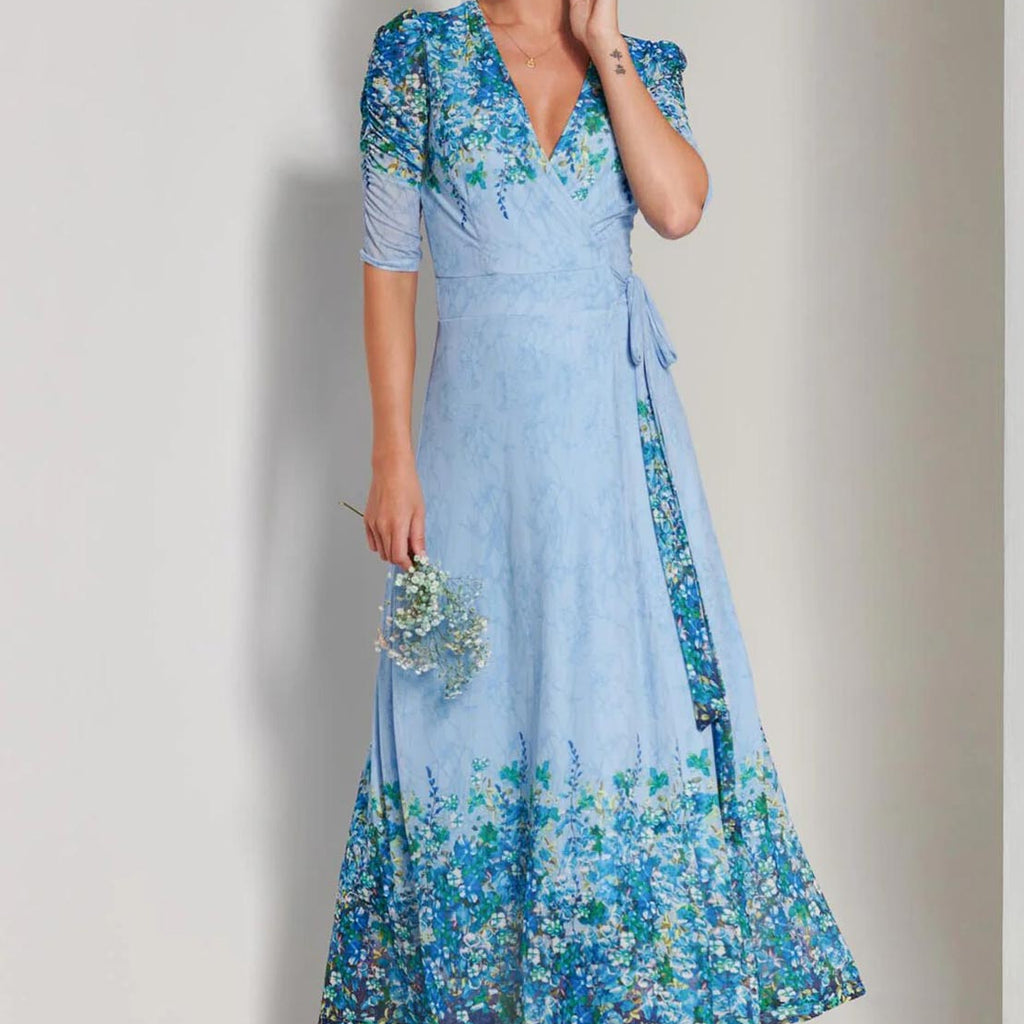 strapless open back dress Jolie Moi Peggy Ruched Sleeve Wrap Mesh Maxi Dress, Blue Multi