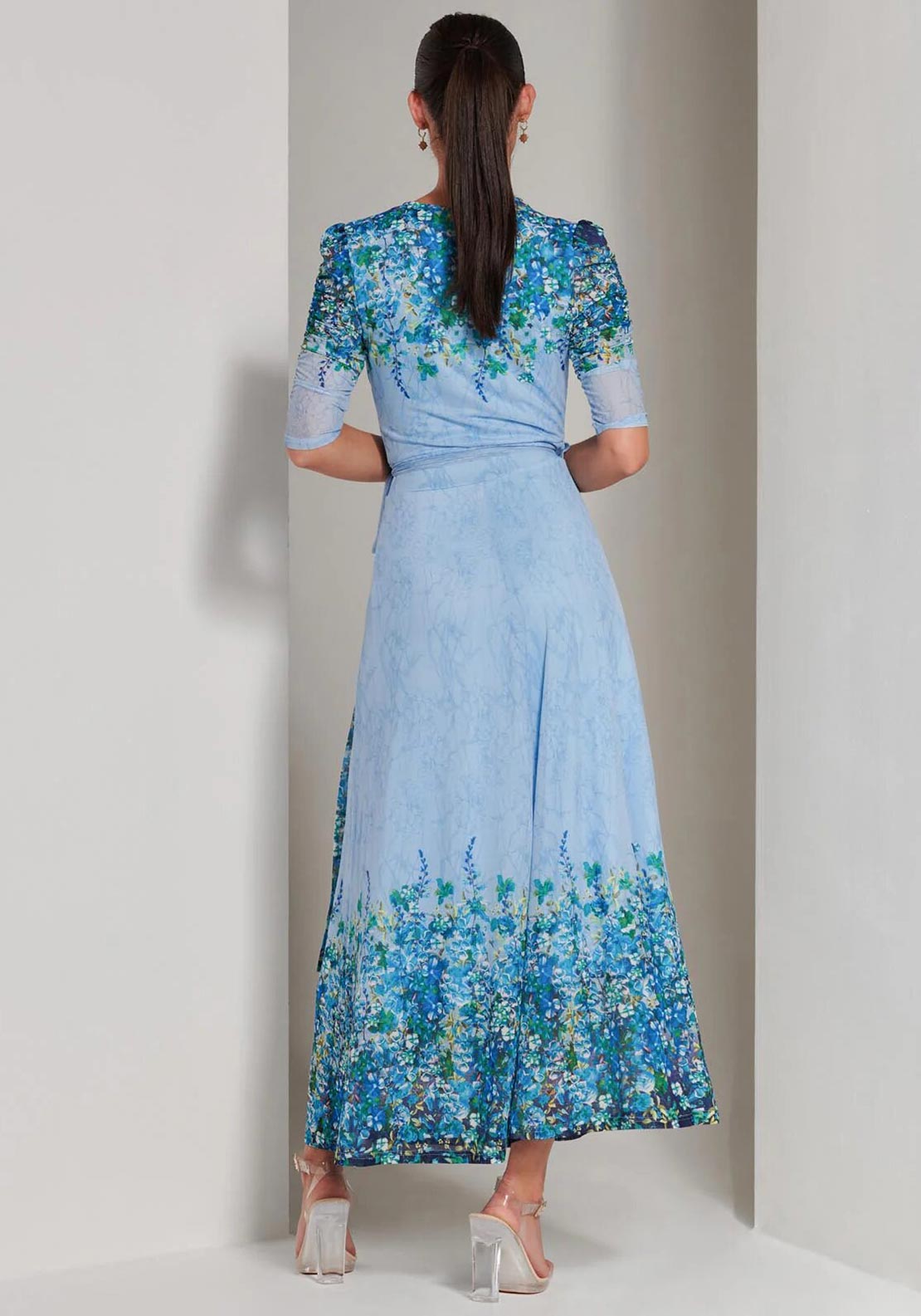 open lace back dress Jolie Moi Peggy Ruched Sleeve Wrap Mesh Maxi Dress, Blue Multi