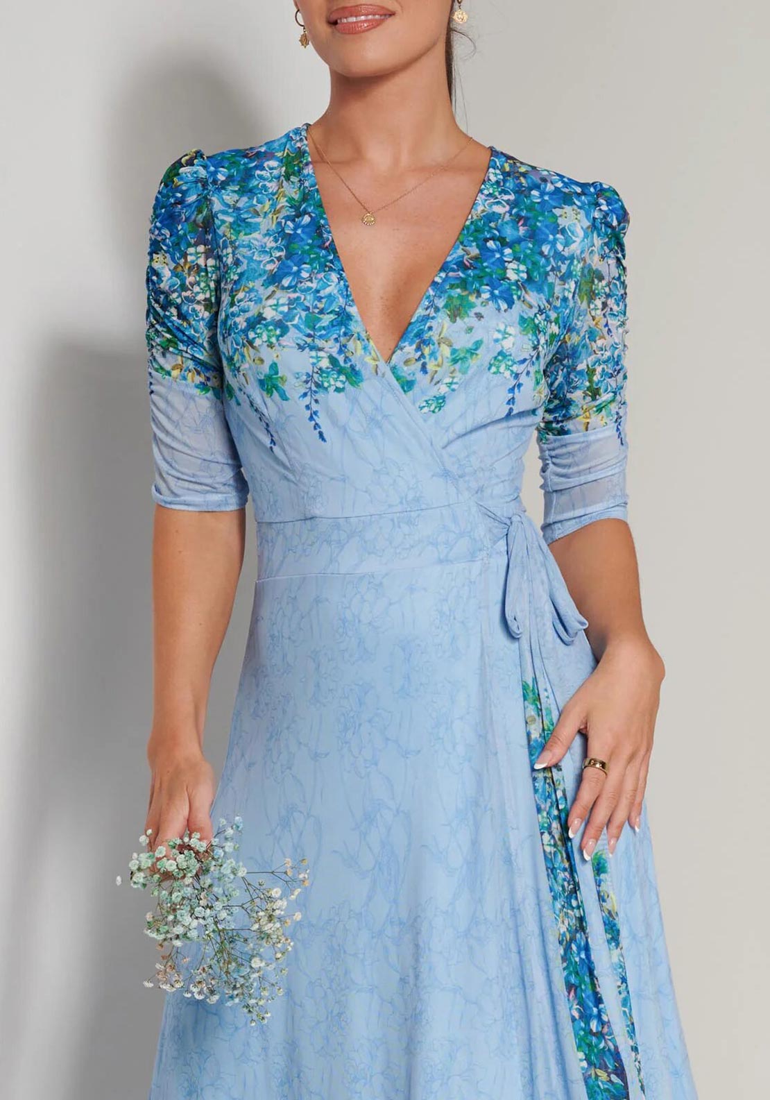 Jolie Moi Peggy Ruched Sleeve Wrap Mesh Maxi Dress, Blue Multi - McElhinneys