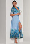Jolie Moi Peggy Ruched Sleeve Wrap Mesh Maxi Dress, Blue Multi