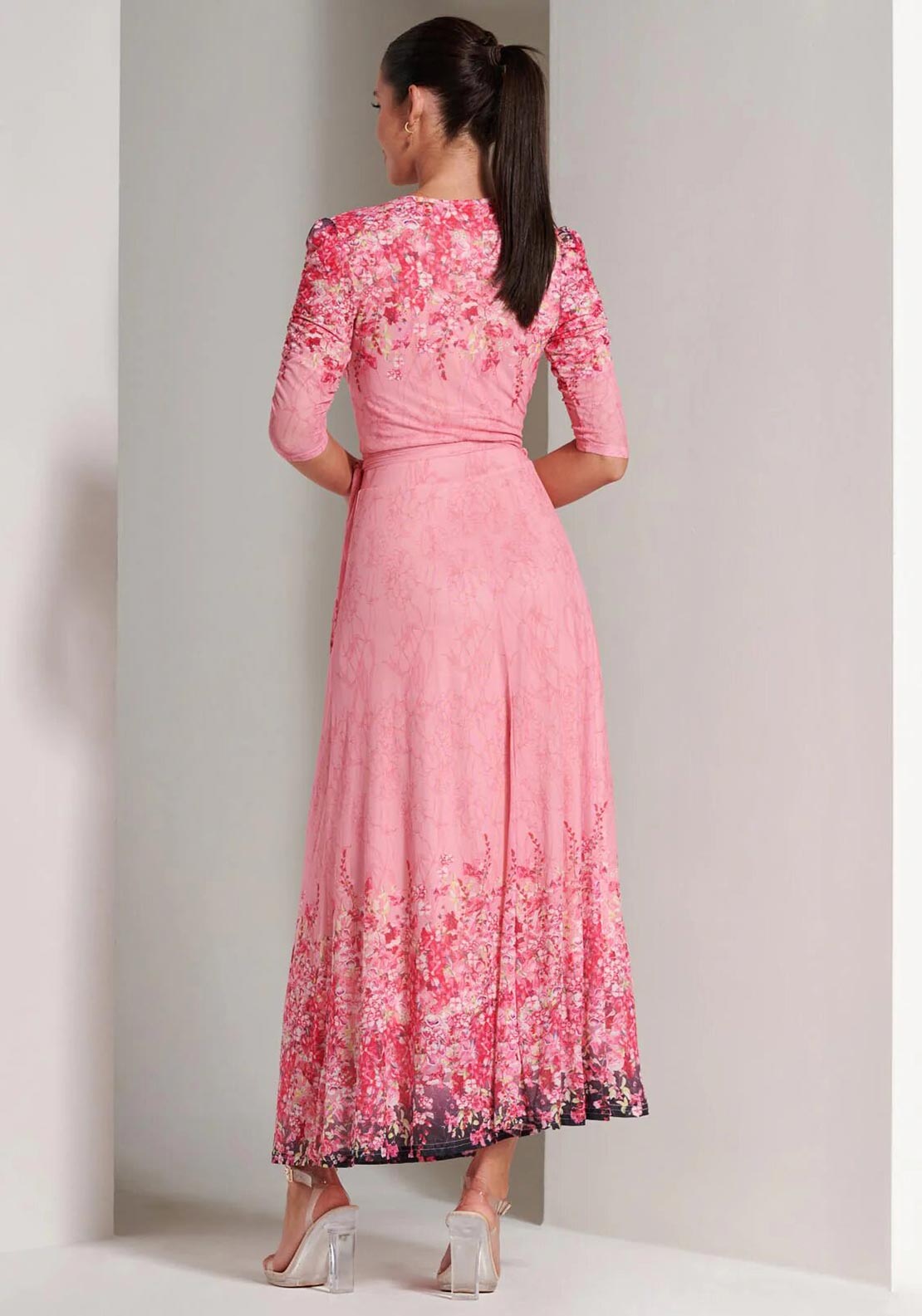 Jolie Moi Peggy Ruched Sleeve Wrap Mesh Maxi Dress, Pink Multi