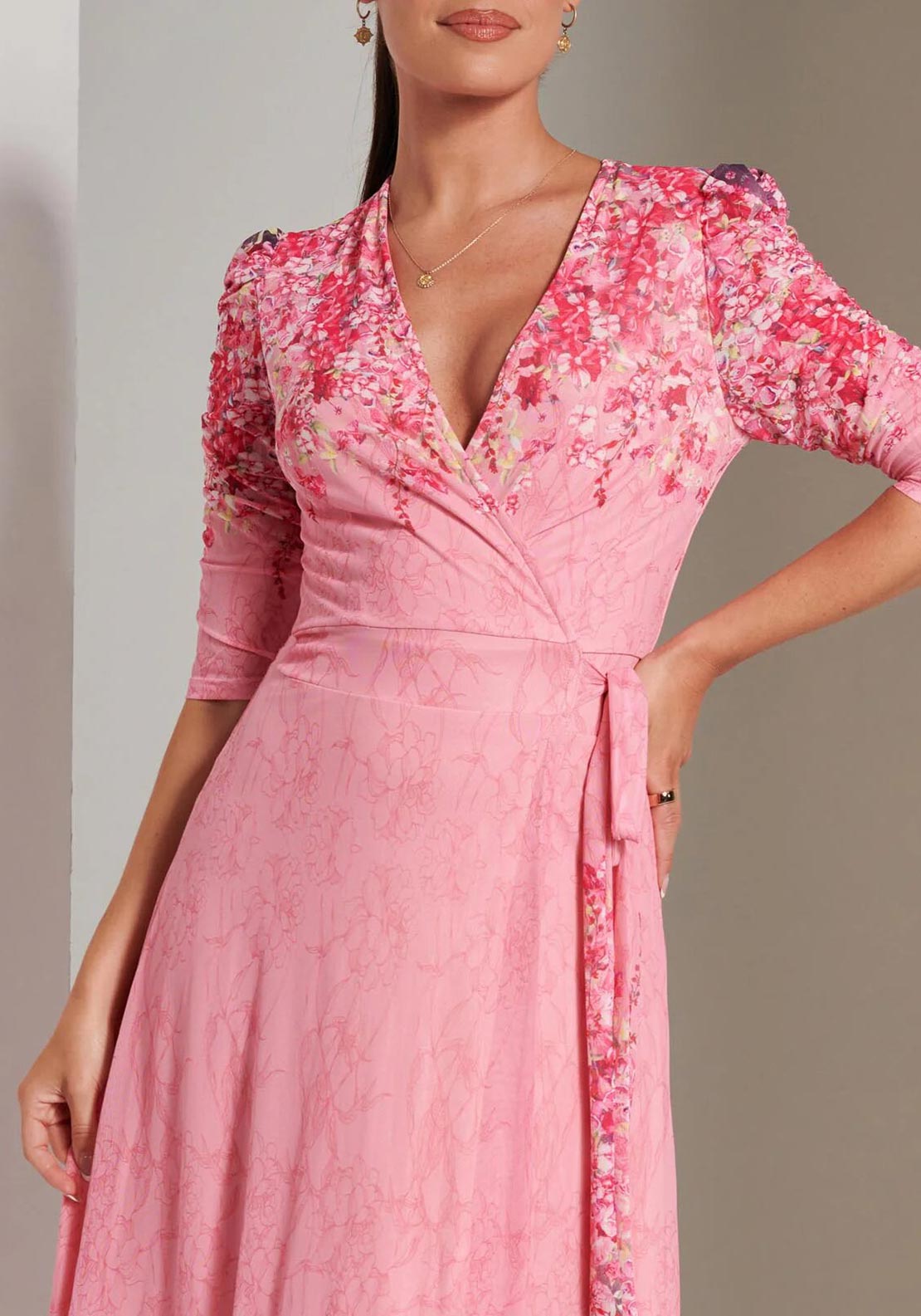 Jolie Moi Peggy Ruched Sleeve Wrap Mesh Maxi Dress, Pink Multi
