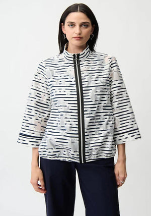 Joseph Ribkoff Jacquard Organza Stripe Bomber Jacket, White