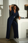 Joseph Ribkoff Silky Knit & Chiffon Wide Leg Jumpsuit with Cape, Navy