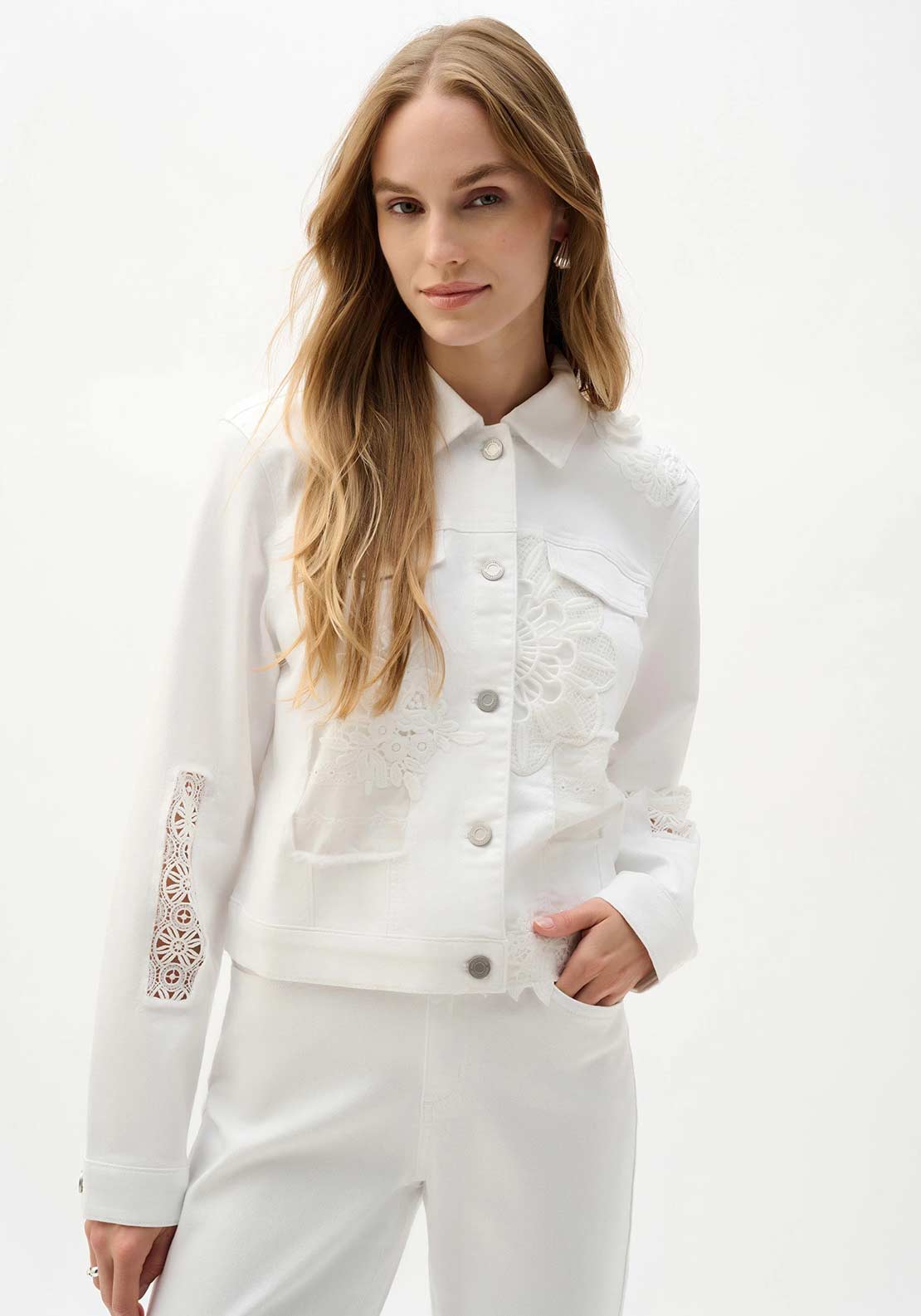 Joseph Ribkoff Lace Embroidered Denim Jacket, White - McElhinneys