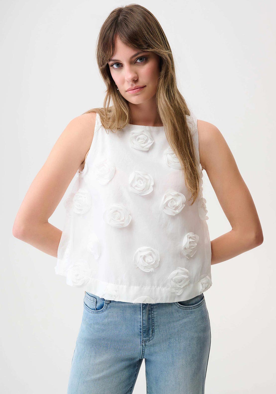 Joseph Ribkoff Sleeveless 3D Floral Embroidery Top, White