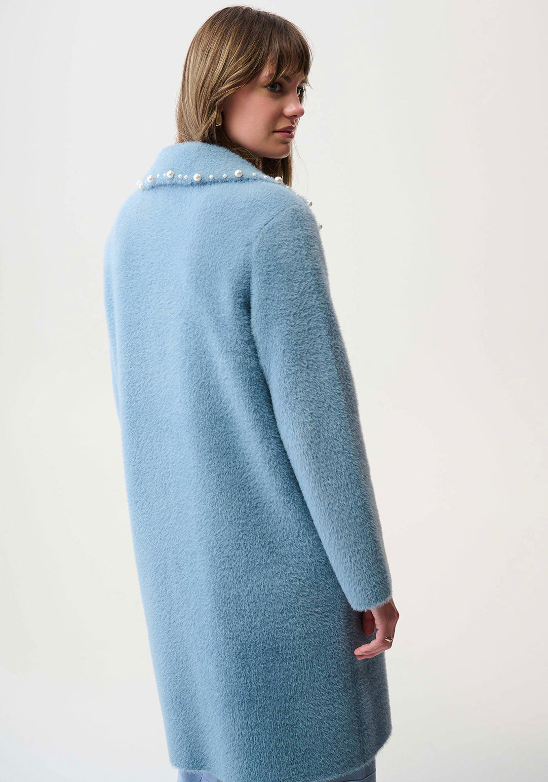 Joseph Ribkoff Pearl Trim Feather Yarn Knit Coat, Blue